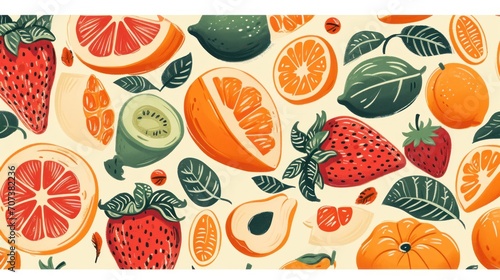  a pattern of oranges  kiwis  and strawberries on a white background with green leaves and oranges on the bottom of the image is a white background.