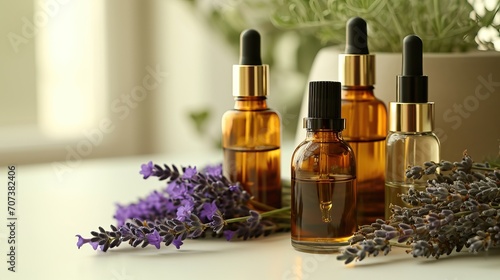 Beauty product display  slender flacons and oils  arranged with fresh lavender