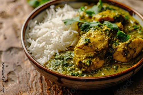 Asian style Afghani chicken or Hariyali tikka chicken with rice in green curry or hara masala photo