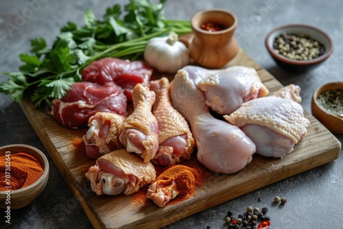 Assorted chicken cuts displayed on a wooden board with coriander garlic and pepper on a textured background