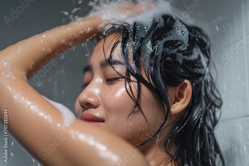 Asian woman washing her hair in the shower