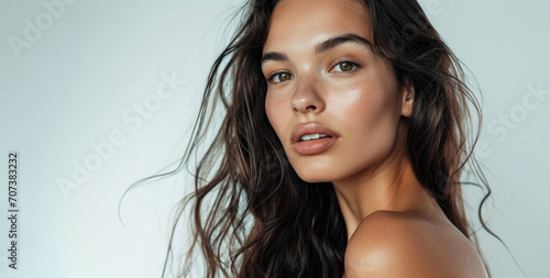 beauty scandinavian nordic pale young woman closeup with natural clean skin thoughtful skincare brand commercial serum treatment wellness spa commercial in magazine editorial look looking at camera photo