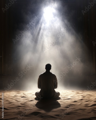 Silhouette of a Muslim man praying  surrounded by lots of light dew smoke  copy space - generative ai
