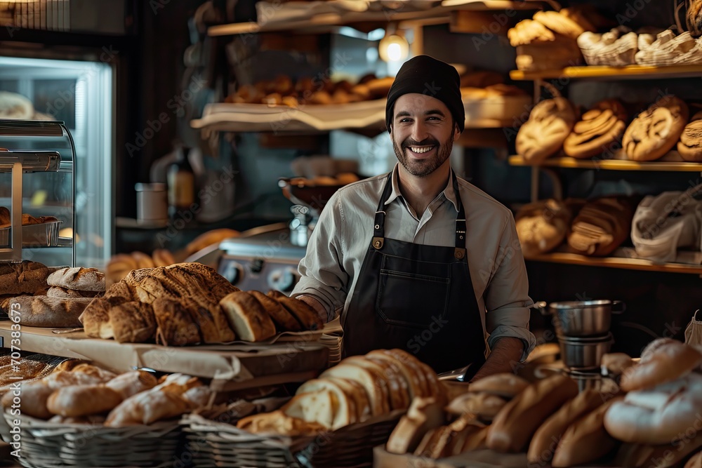A hard-working baker proudly presents his delectable creations to hungry customers in his quaint indoor bakery, adorned in a traditional apron and surrounded by the enticing aroma of freshly baked br