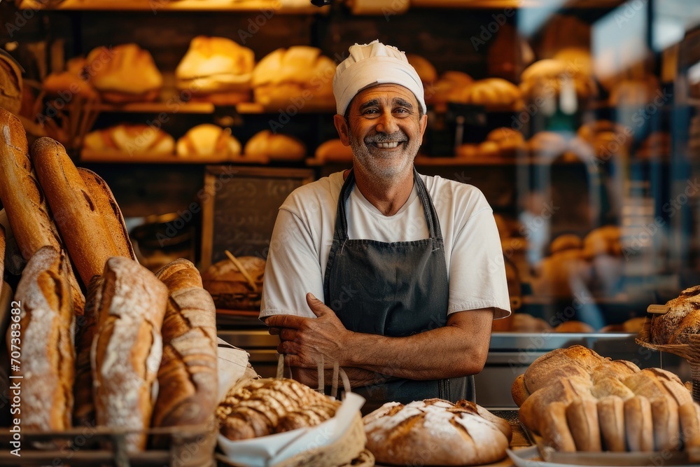 A hardworking baker dressed in traditional clothing carefully prepares freshly baked bread behind the counter, ready to serve the hungry customers at the bustling market with his delicious and comfor A hardworking baker dressed in traditional clothing carefully prepares freshly baked bread behind the counter, ready to serve the hungry customers at the bustling market with his delicious and comfor