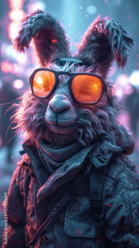 A close up of a furry animal wearing sunglasses.