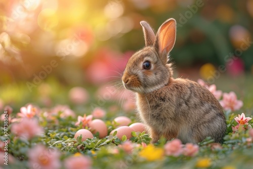 A curious rabbit admiring the vibrant blooms of a wildflower meadow, basking in the peacefulness of nature's embrace