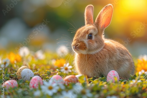 A playful domestic rabbit frolics through a vibrant field of wildflowers, basking in the freedom and beauty of its natural habitat