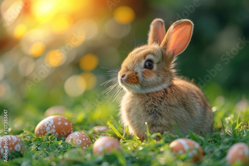 A domestic rabbit peacefully forages for food amidst a sea of green grass, carefully guarding her precious eggs from potential predators in the wild