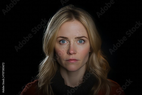 Portrait of a young woman with blue eyes. Isolated on black background