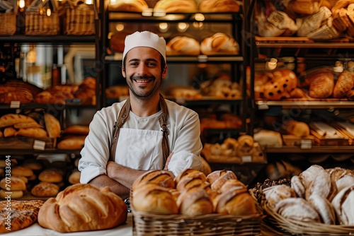 A talented chef proudly presents his freshly baked bread at his quaint bakery, offering delicious snacks and pastries to hungry customers in the bustling market