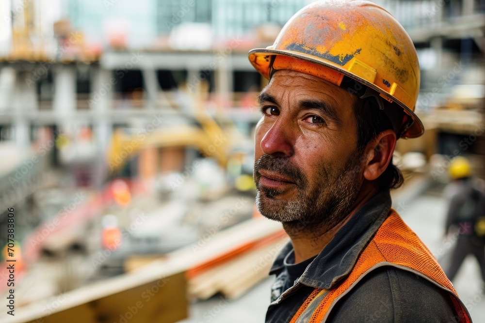 A blue-collar worker wearing a bright orange hard hat stands proudly on the busy construction site, his high-visibility clothing a symbol of his dedication and expertise in building our city's future A blue-collar worker wearing a bright orange hard hat stands proudly on the busy construction site, his high-visibility clothing a symbol of his dedication and expertise in building our city's future