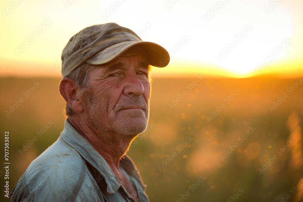 A rugged man with a distinguished beard and mustache gazes into the sunset, his hat a fashion accessory that adds to his timeless charm A rugged man with a distinguished beard and mustache gazes into the sunset, his hat a fashion accessory that adds to his timeless charm