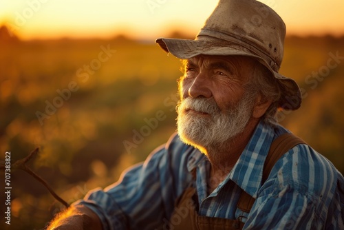 A rugged man in a fedora and sunglasses gazes into the sunset, his weathered face adorned with a thick beard and lined with wrinkles, making him a perfect embodiment of timeless style and rugged char