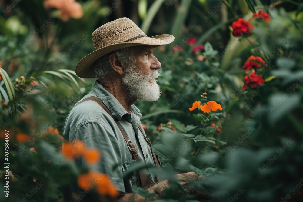 A stylish man in a sun hat stands amongst the vibrant flowers in his peaceful garden, adding a touch of elegance to the natural beauty