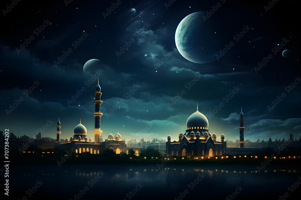 Islamic theme for Ramadan and Eid celebrations as banner background created with Generative AI technology.