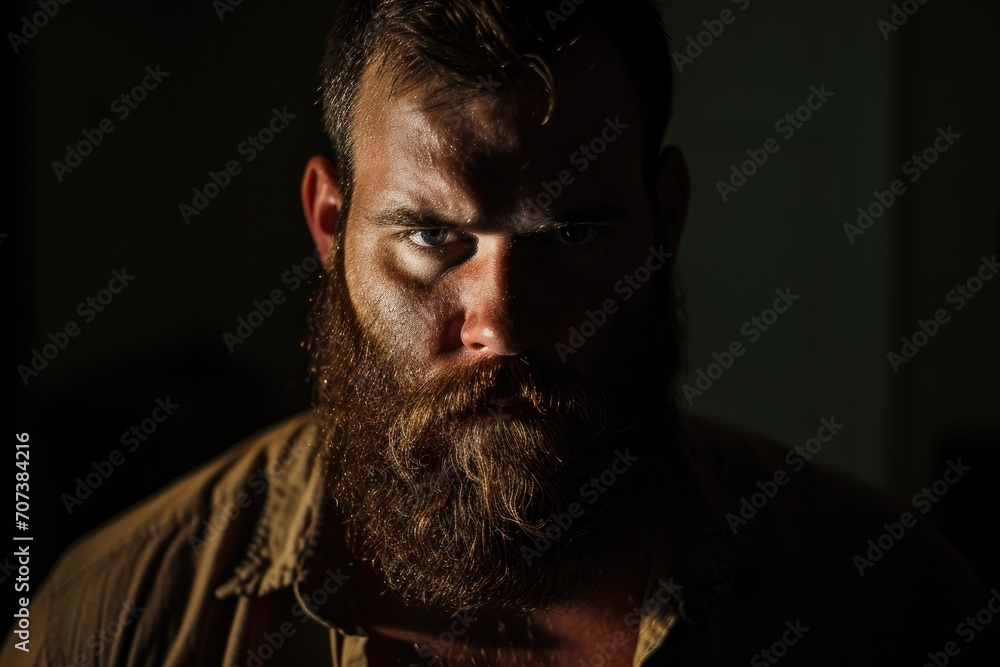 Fototapeta premium A rugged man with a well-groomed beard stares confidently into the camera, his strong jawline and piercing eyes capturing the essence of masculinity and charm