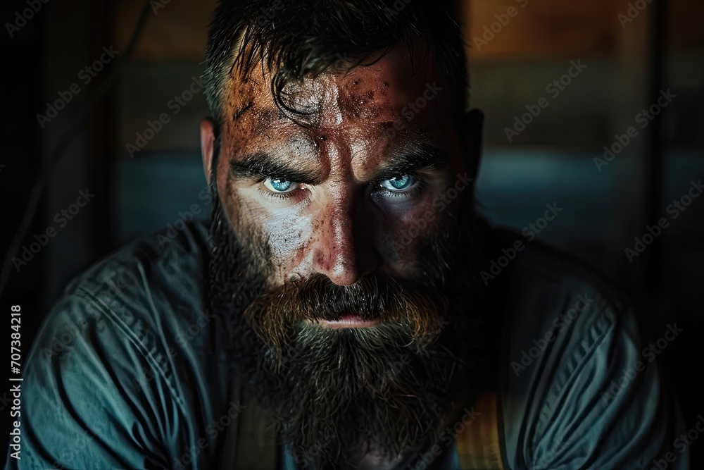 An aging man with piercing blue eyes stares pensively at the camera, his strong jawline and graying beard adding character to his weathered face An aging man with piercing blue eyes stares pensively at the camera, his strong jawline and graying beard adding character to his weathered face