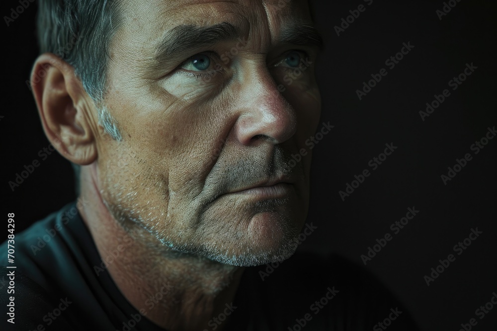 Fototapeta premium A pensive man with a weathered face gazes off into the distance, his furrowed brow and strong jawline revealing a lifetime of experiences etched upon his skin