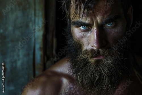 A rugged man with piercing blue eyes gazes confidently into the camera, his full beard and moustache adding a touch of masculinity to his otherwise soft features