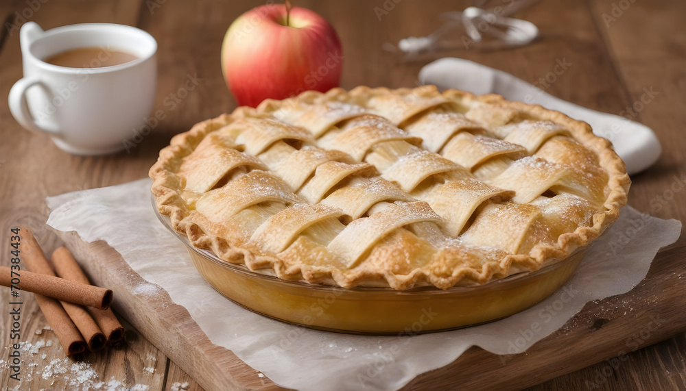 Sweet apple pie with white sugar sprinkles on a wooden tray and blurred background Sweet apple pie with white sugar sprinkles on a wooden tray and blurred background