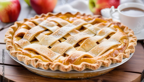 Sweet apple pie with white sugar sprinkles on a wooden tray and blurred background