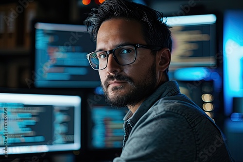 A thoughtful man gazes at the camera through his glasses, surrounded by the glow of a computer monitor and the comforting familiarity of indoor surroundings, his face conveying a mix of intelligence 