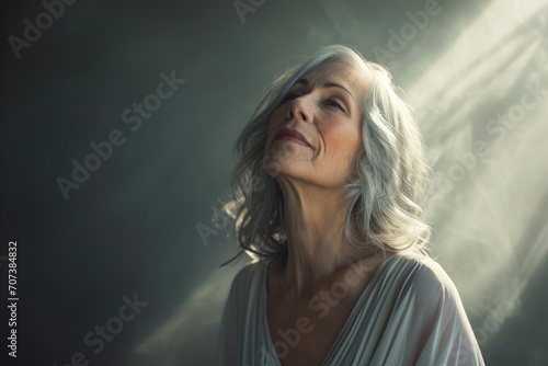 Captivating portrait of a wise woman, her silver locks shining with inner light as she gazes through the fog with piercing eyes photo
