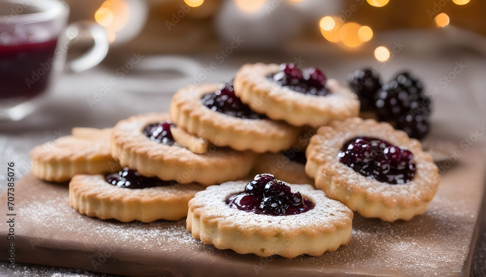 Traditional Linzer cookies with currant jam fresh from the oven. Homemade austrian biscuits on wooden board with moodful bokeh. Traditional Linzer cookies with currant jam fresh from the oven. Homemade austrian biscuits on wooden board with moodful bokeh.