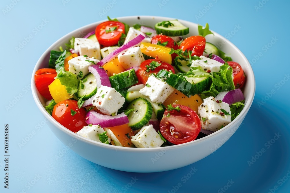 Close up of vegetable salad with feta cheese cubes in a white bowl set against a blue background