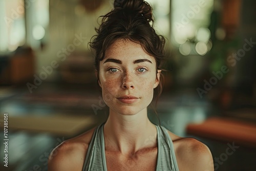 A freckled woman with a bun gazes confidently into the camera, her delicate features highlighted by soft lighting and bold fashion choices