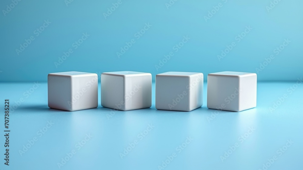 A row of white cubes on a blue surface. A row of white cubes on a blue surface.