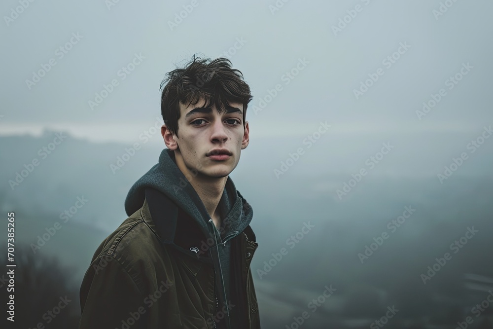 A lone figure braves the harsh winter fog, standing tall on a mountain peak, his rugged face a portrait of determination as he surveys the vast and untamed beauty of nature before him A lone figure braves the harsh winter fog, standing tall on a mountain peak, his rugged face a portrait of determination as he surveys the vast and untamed beauty of nature before him