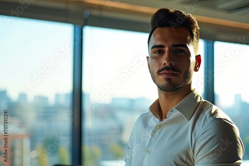 A stylish man in a crisp white shirt gazes out of a window, his beard adding to the rugged charm as he stands in the doorway between indoor and outdoor spaces
