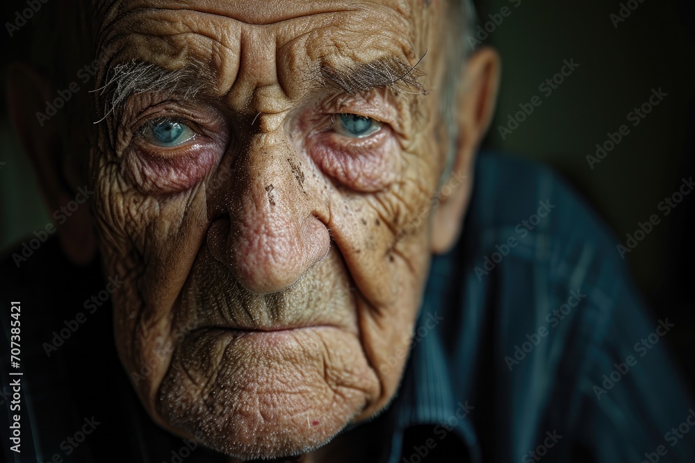 A striking portrait of an aged man, his blue eyes shining with wisdom and experience, his wrinkled skin telling the story of a life well-lived A striking portrait of an aged man, his blue eyes shining with wisdom and experience, his wrinkled skin telling the story of a life well-lived