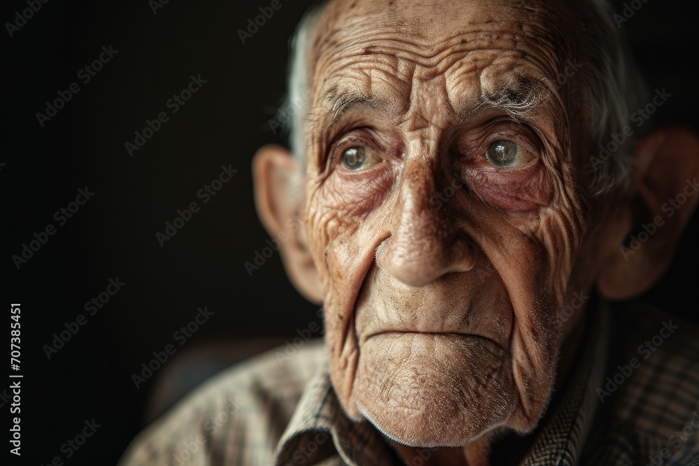 An elderly man with a weathered face and deep wrinkles portrays a lifetime of wisdom and experience, his jawline and forehead revealing the marks of a life well-lived, captured in a striking indoor p