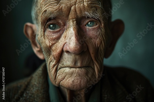 A weathered face, etched with stories of a life well-lived, gazes out with piercing blue eyes in this intimate portrait of an aging man © ChaoticMind