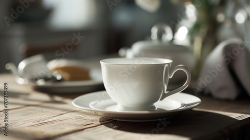  a white coffee cup sitting on top of a saucer on top of a wooden table next to a plate with a slice of cake on top of the table.