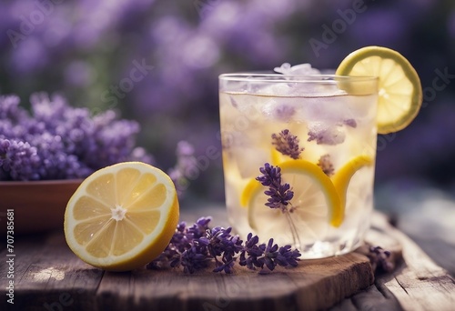 Cool lavender homemade lemonade with lemon slices and lavender flower served in garden Healthy organic summer soda drink