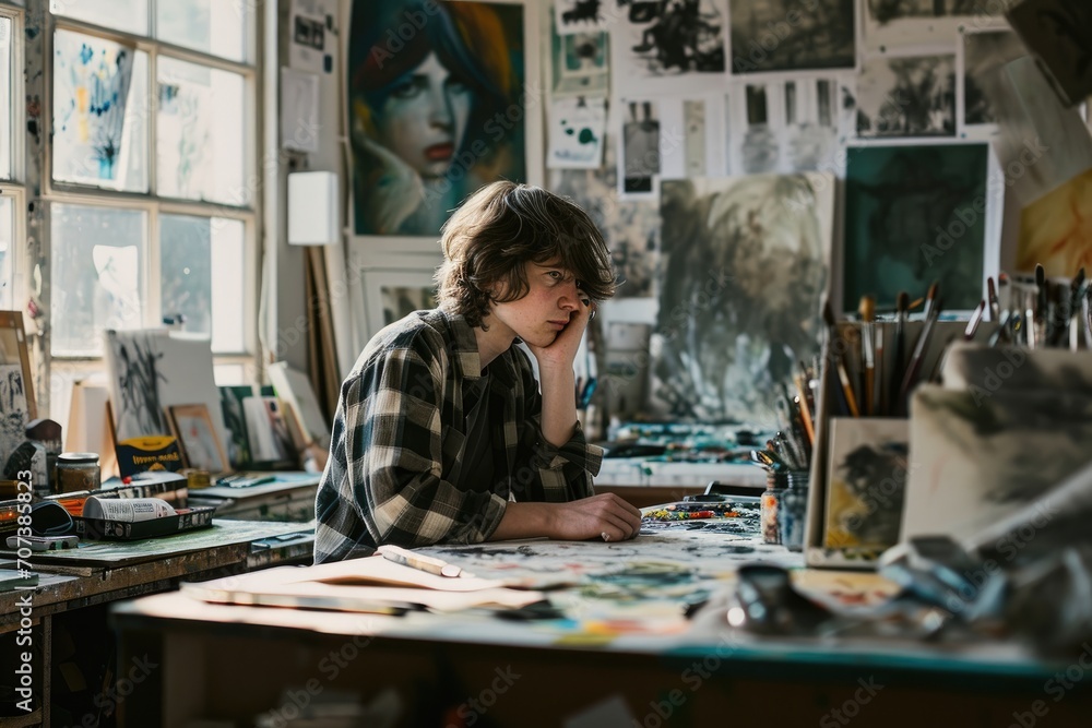 A contemplative figure sits at a cluttered table, surrounded by vibrant paintings adorning the walls, lost in the intricate details of their work