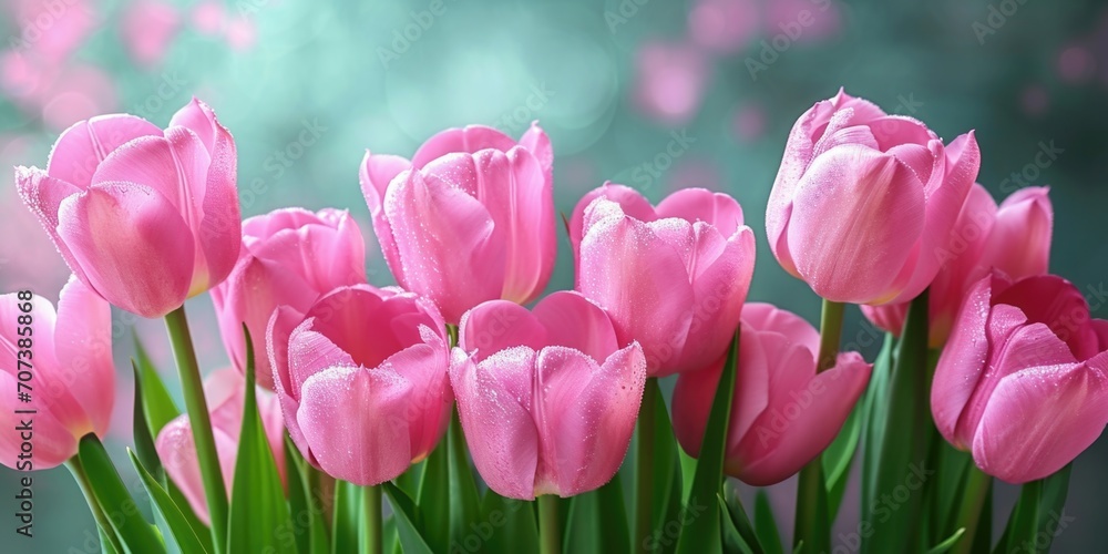 A bunch of pink tulips in a vase. Spring background, mother's day panoramic banner.