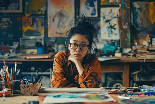A contemplative woman adorned in glasses sits at a table, lost in thought as she studies the human face in an artful display of introspection and self-discovery