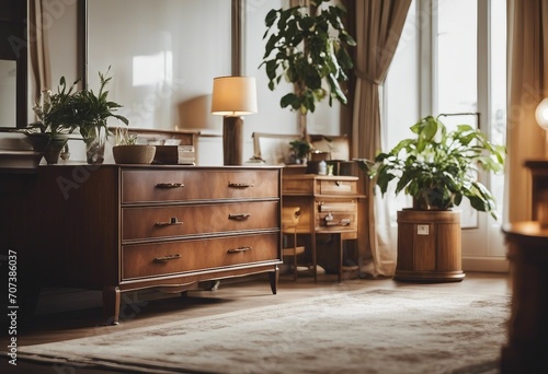 Modern retro composition of living room with wooden vintage commode furniture lamp plant carpet