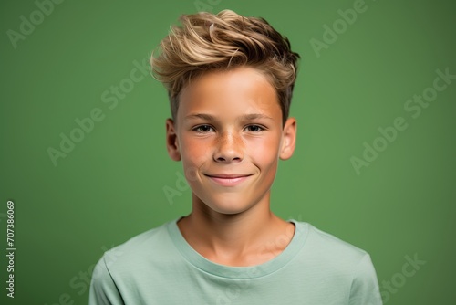 portrait of smiling boy with short hairstyle over green background. photo