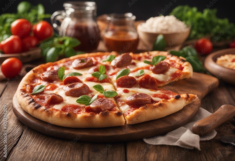 Delicious sausage pizza on wooden board