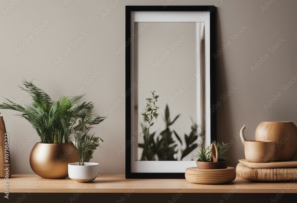 Scandinavian room interior with mock up photo frame on the brown bamboo shelf with beautiful plants