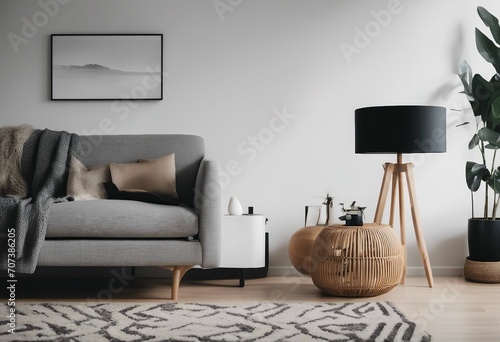 Scandinavian and design home interior of living room with wooden commode design black lamp