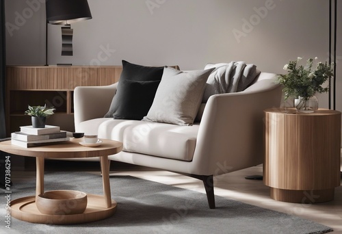 Stylish composition of modern living room interior with frotte armchair wooden commode side table