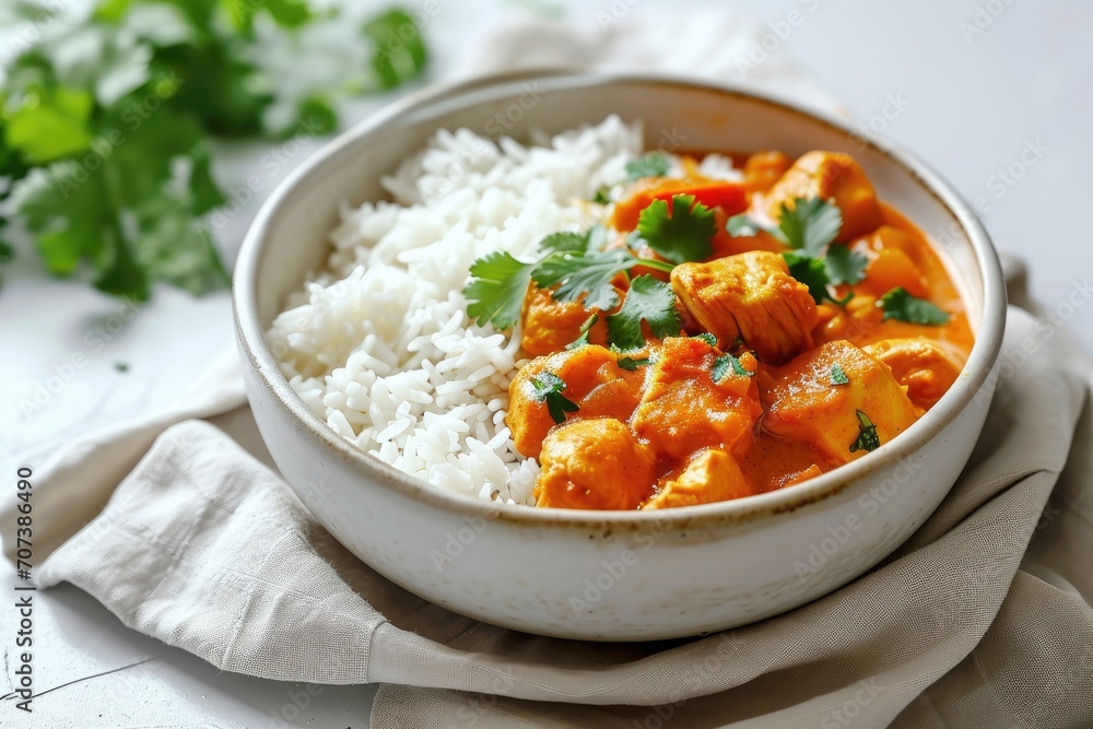 Delicious chicken curry bowl with rice on a bright surface Delicious chicken curry bowl with rice on a bright surface