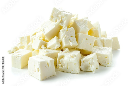 Cubed feta and curd cheese isolated on white background photo